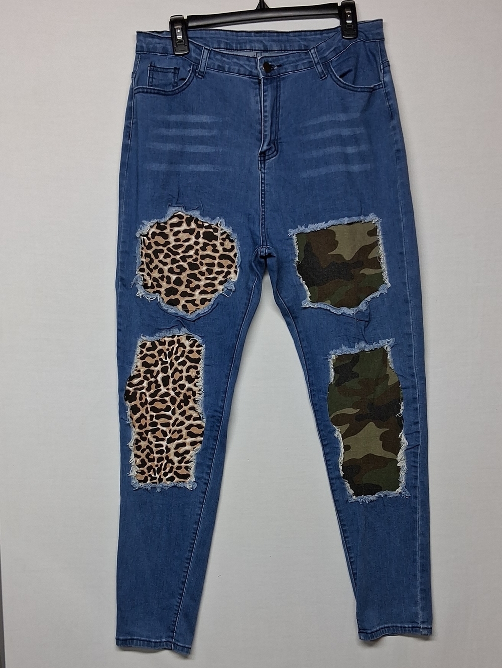 Blue Women's Patchwork Distressed Jeans with Leopard & Camo Panels